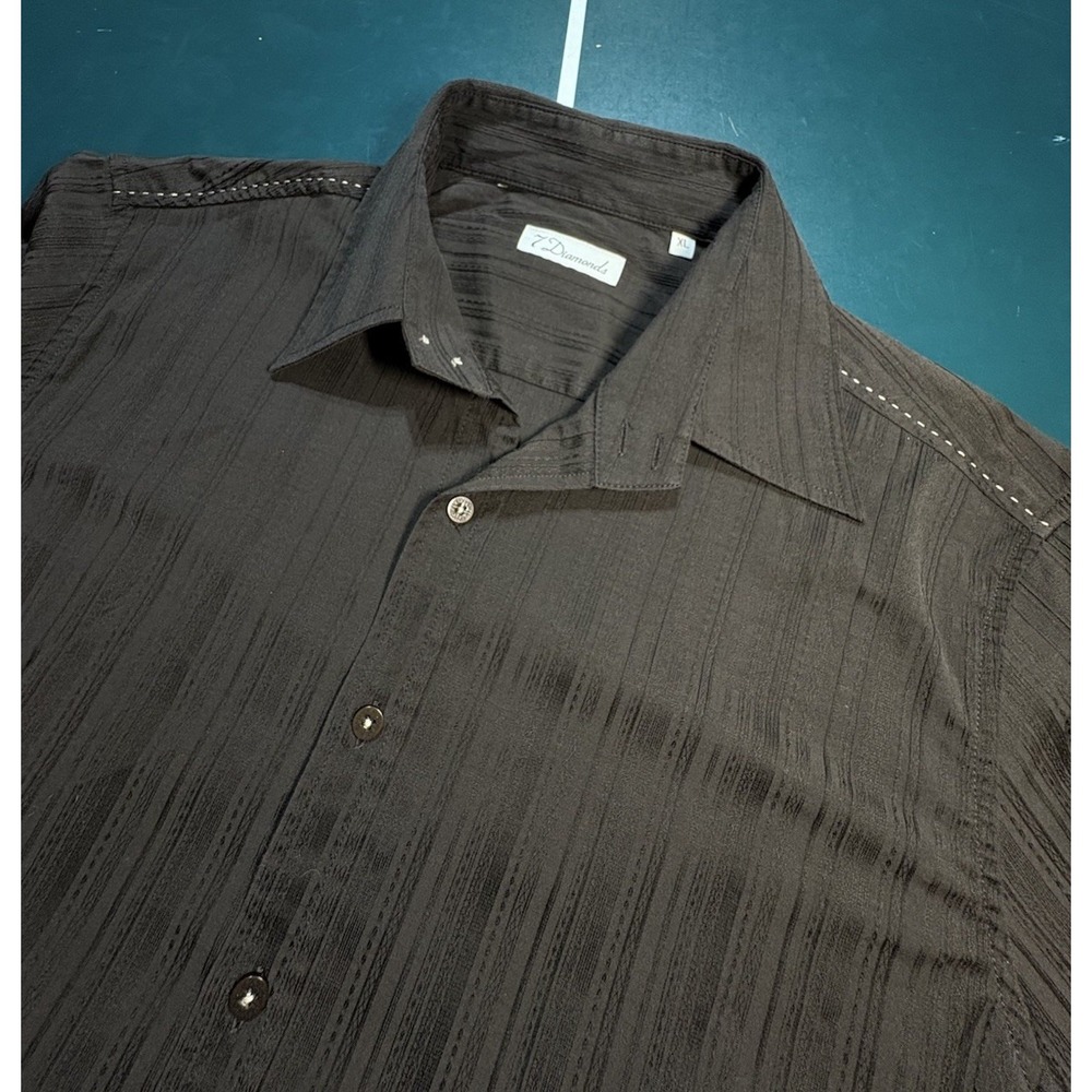 7 Diamonds Button Up Shirt Men XL Brown Striped Y2K Affliction Style Punk Grunge - Picture 4 of 10